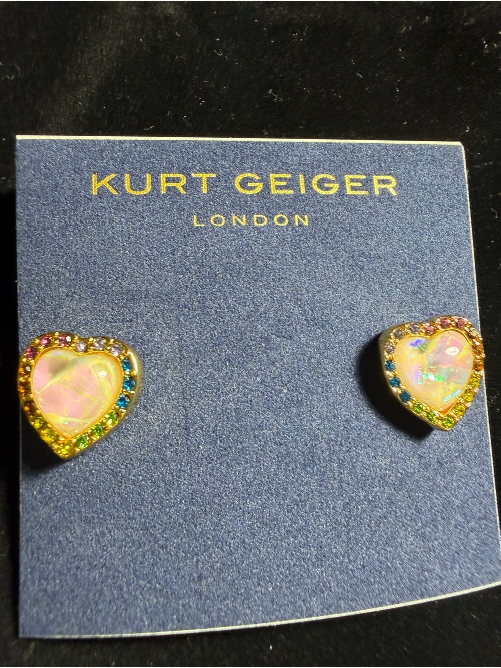 Kurt Geiger Gold Heart Opal Stud Earrings with Rainbow Halo